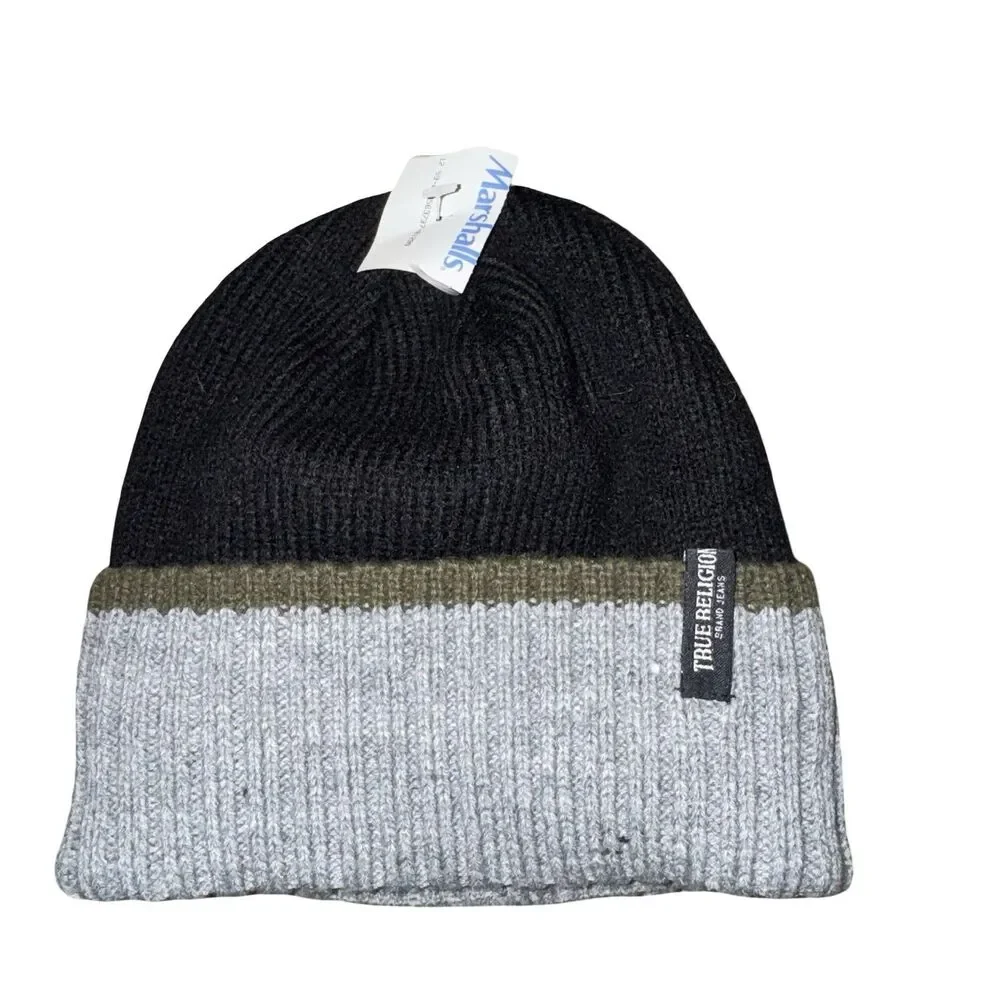 NWT True Religion Beanie Mens One Size Blck Grey Colorblock Faux Shearling Lined
